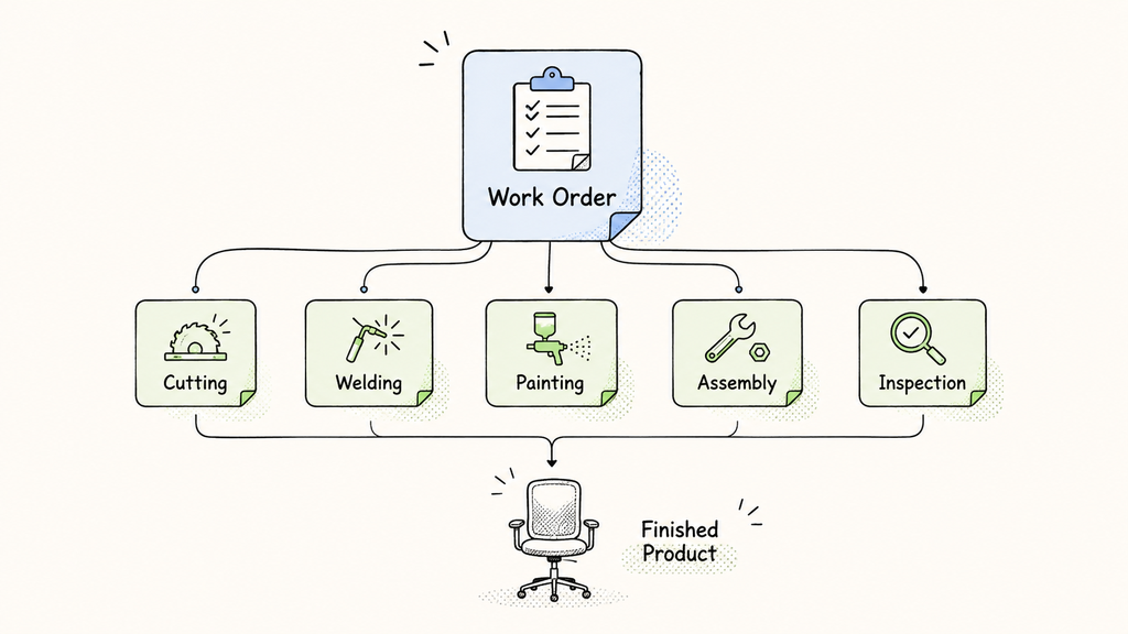ERPNext Work Order generating multiple Job Cards for Cutting, Welding, Painting, Assembly, and Inspection before producing the finished product.